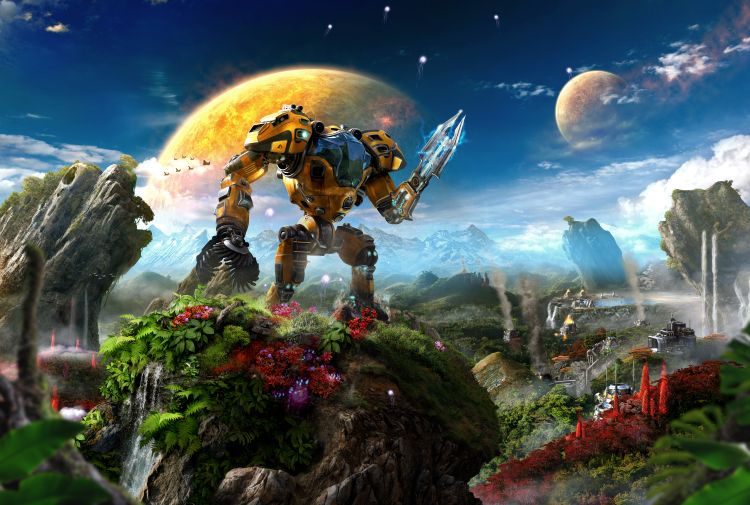 Riftbreaker 2.0 Update Gameplay changes - Riftbreaker mech overlooking the alien landscape in Update 2.0