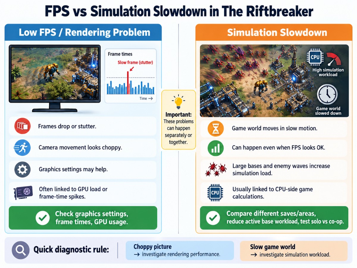 Infographic showing Riftbreaker Running in Slow Motion versus low FPS, explaining choppy rendering and slow gameplay caused by CPU-intensive simulation calculations. Copy