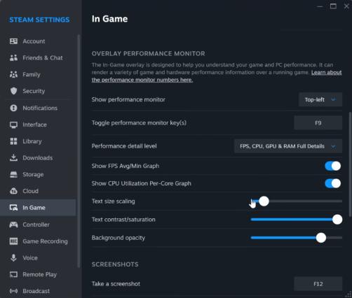 Steam CPU temperature overlay - Steam Settings Screen