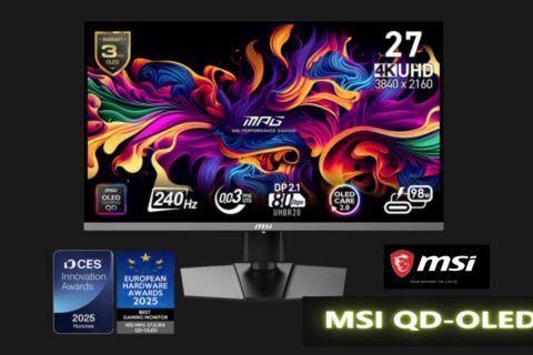 MSI AI QD-OLED gaming monitor MPG 272QR X50 with AI Care Sensor.