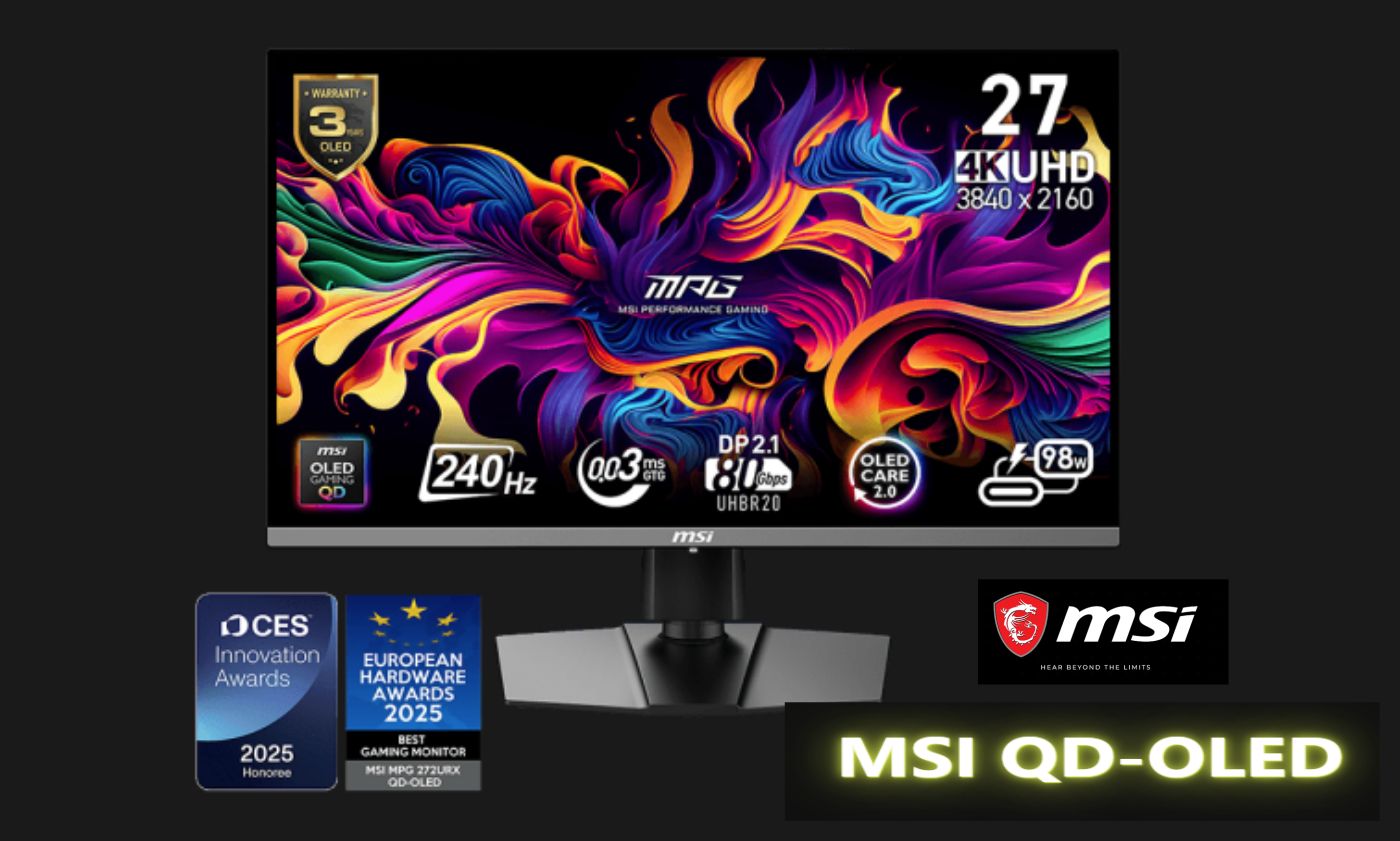 MSI AI QD-OLED gaming monitor MPG 272QR X50 with AI Care Sensor.
