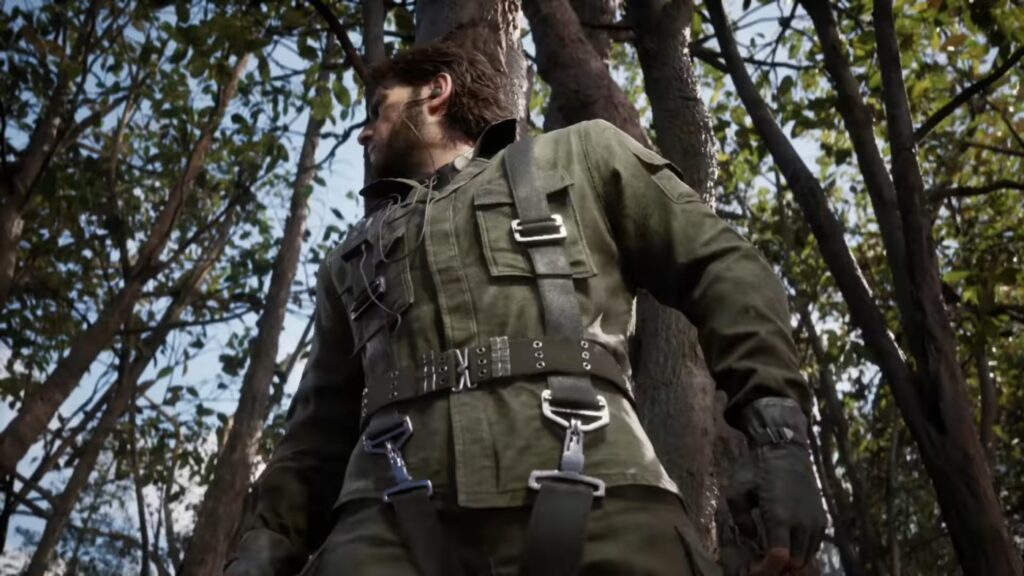 Snake stealth behind tree in Metal Gear Solid Delta remake.