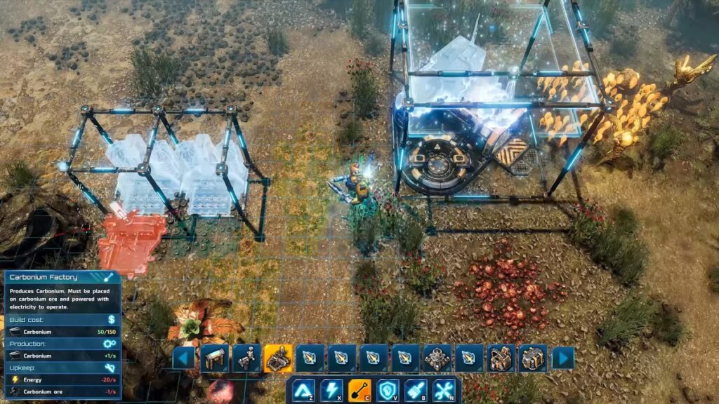 Building and expanding a defensive base in The Riftbreaker during the early stages of a campaign.