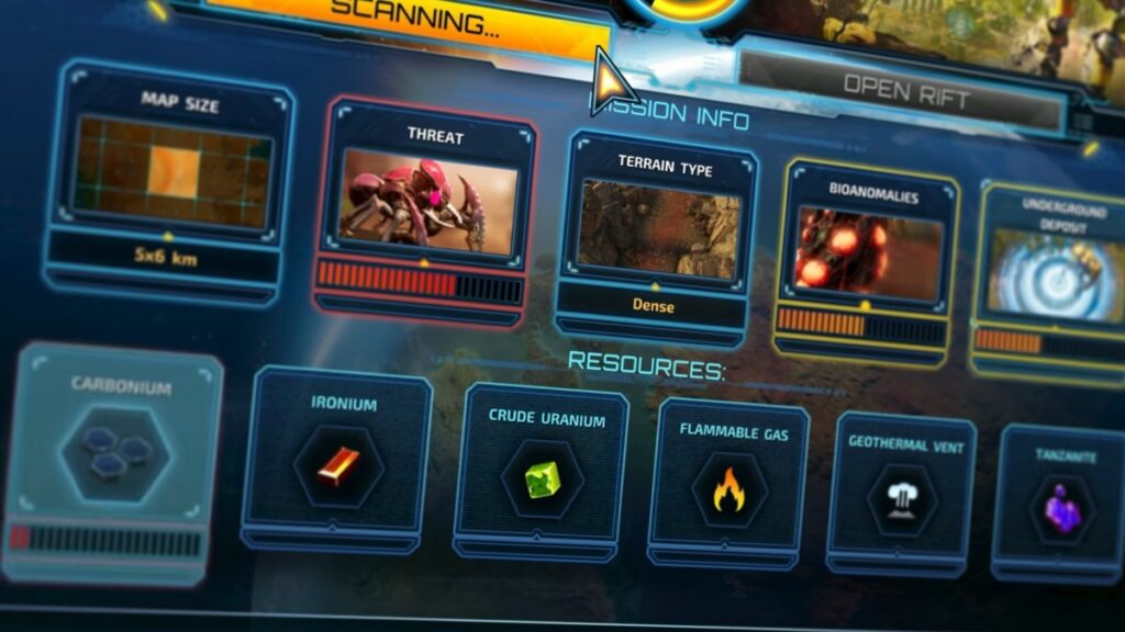 The Riftbreaker management screen showing base resources, production systems and research progress.