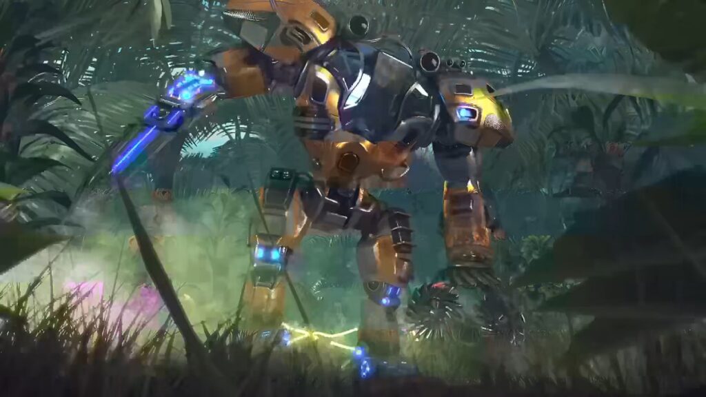 Is Riftbreaker Worth Playing - The Riftbreaker mech standing outside a heavily fortified base on an alien planet.