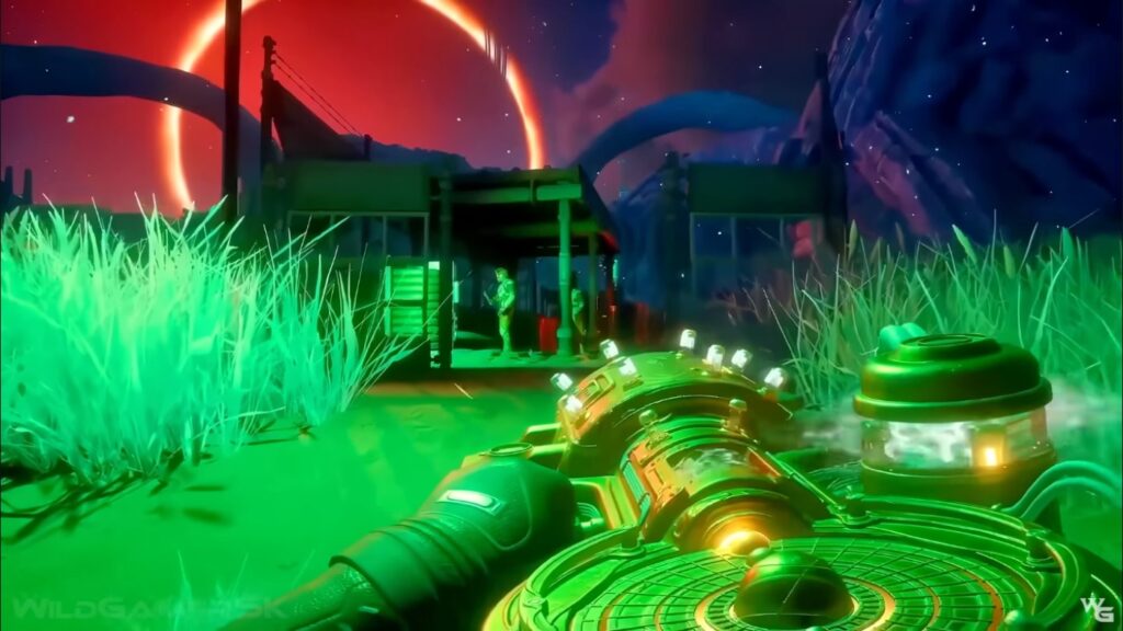 Outer Worlds 2 character aiming a heavy gun, showcasing Obsidian’s satirical RPG.