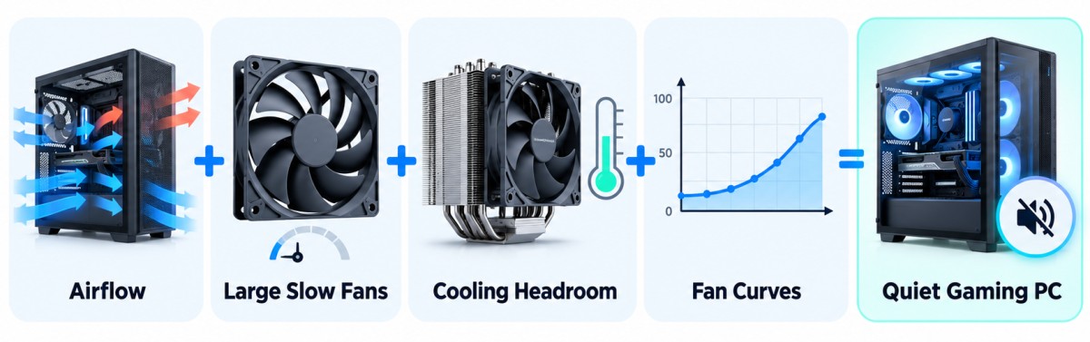 Quiet gaming PC principles including airflow large fans cooling and fan curves