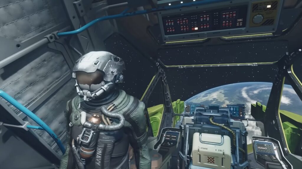 Starfield 2025 Update cockpit shot of pilot in helmet at controls with Earth view through viewport and navigation displays.