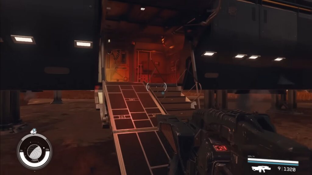 Starfield 2025 Update ship entry screenshot showing ramp access to spaceship interior with red-lit corridors and health UI.