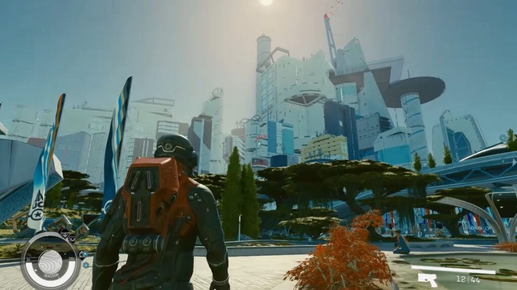 Starfield 2025 Update featured image of player overlooking futuristic cityscape on Jemison with New Atlantis skyline and UI elements.