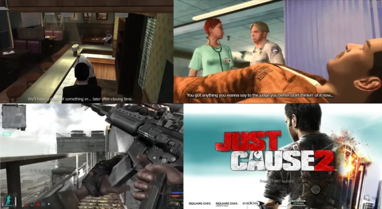 Collage of open world games that run on low-end PCs including GTA San Andreas, Morrowind, Fallout New Vegas and Far Cry 2