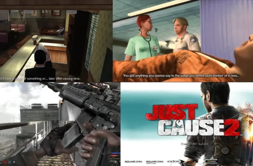 Collage of open world games that run on low-end PCs including GTA San Andreas, Morrowind, Fallout New Vegas and Far Cry 2