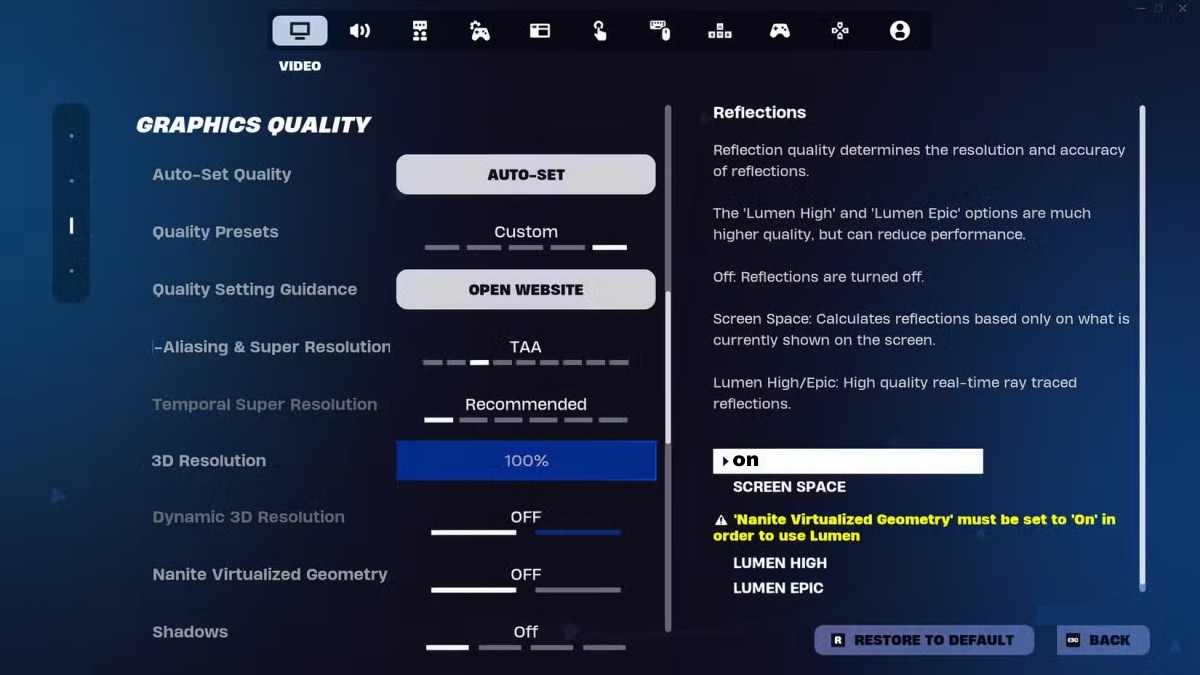 Fortnite graphics settings menu configured for lower-end hardware