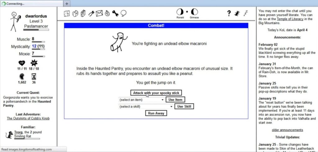 Browser window showing text interface of Kingdom of Loathing.
