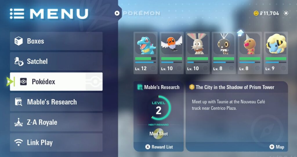 Pokémon Legends Z-A real-time battle builds menu showing player options and interface layout.