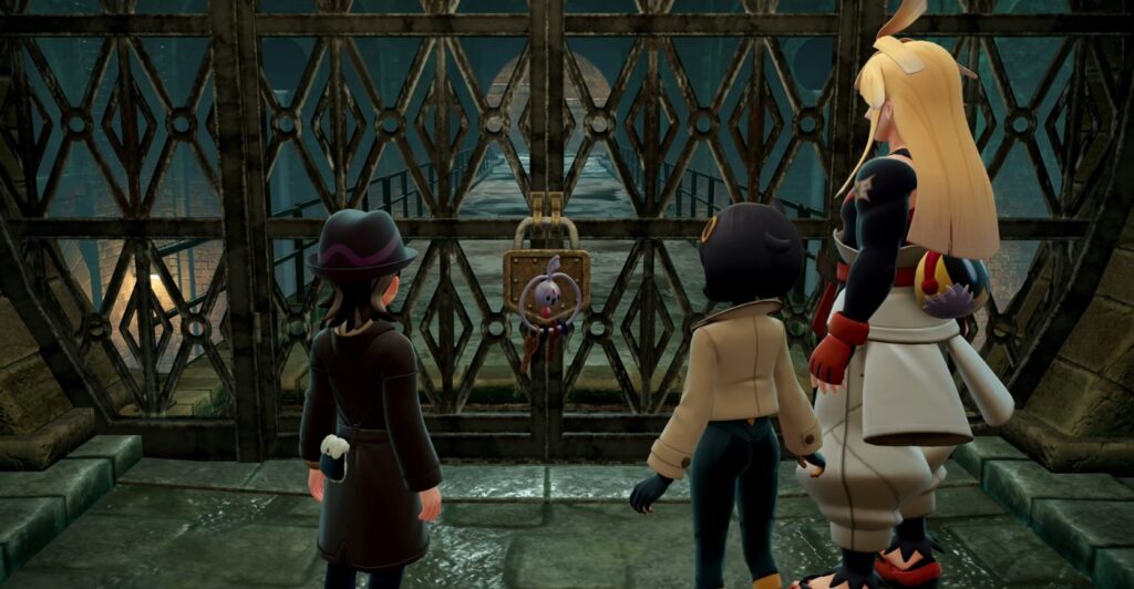Pokémon Legends Z-A real-time battle builds exploration through a locked gate in Lumiose City