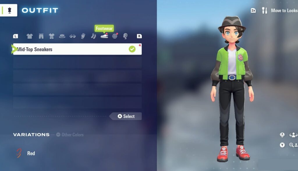 Character outfit selection in Pokémon Legends Z-A with modern customization options.