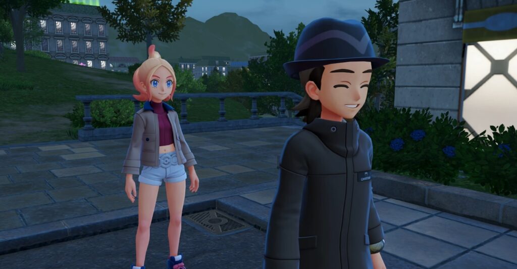 Two characters interacting in Pokémon Legends Z-A during a cutscene in the Wild Zone.