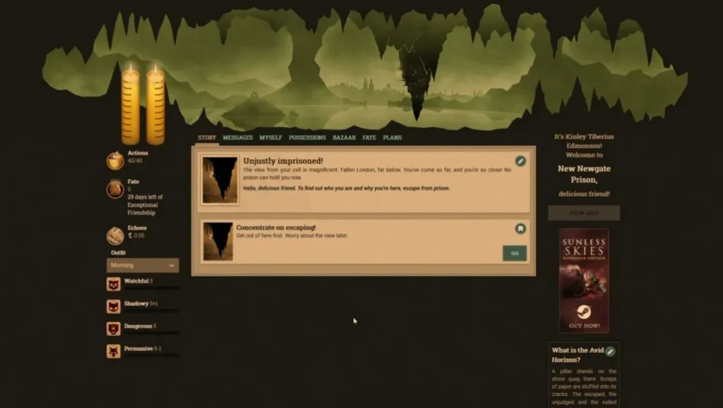 Choice screen from Fallen London, gothic narrative RPG playable in browsers.