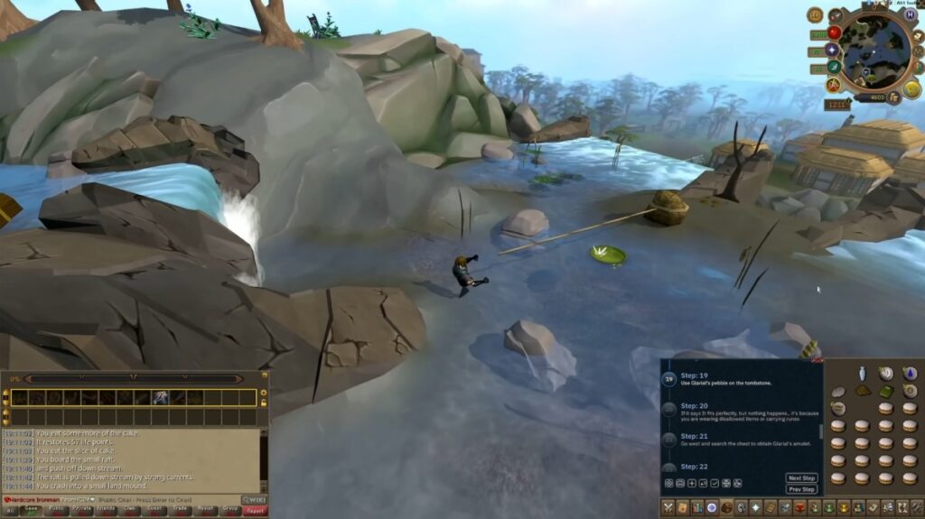 Modern RuneScape hub scene showing high-detail zones on low graphics settings.