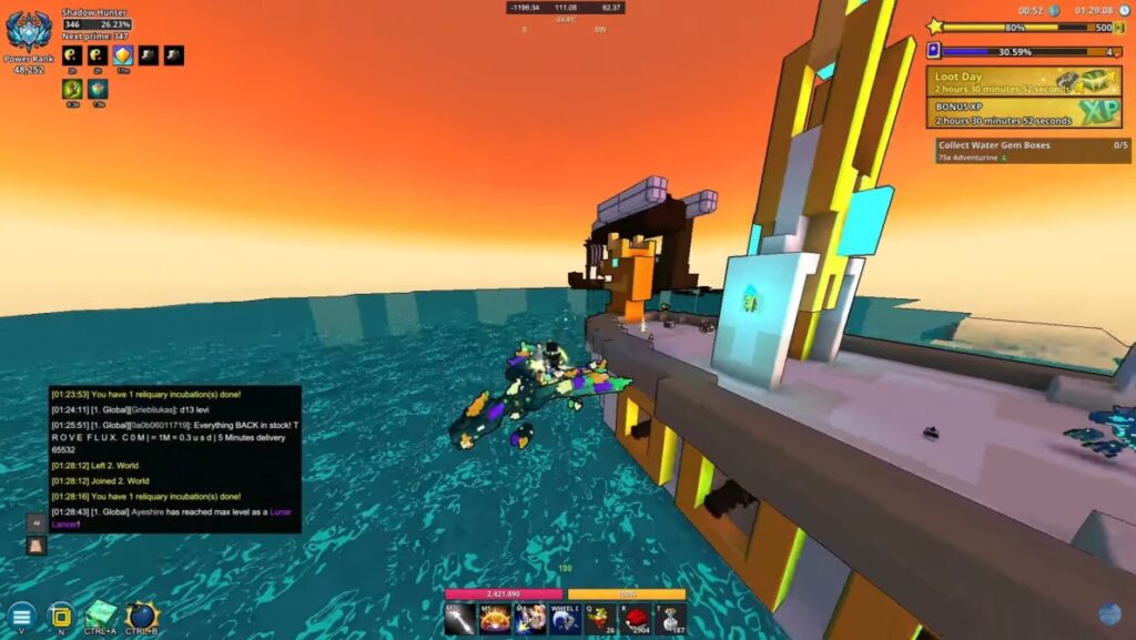 Bright voxel landscape from Trove rendered on integrated graphics.