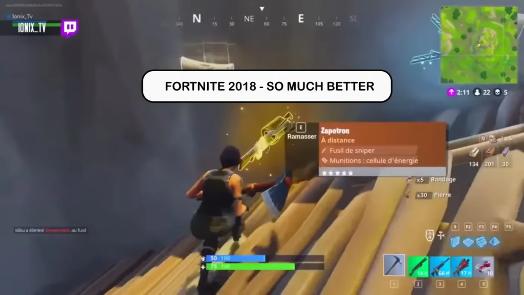 Fortnite 2018 early gameplay showing player picking up a weapon in classic battle royale mode
