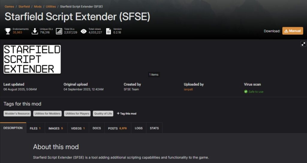 Nexus Mods Script Extender - Screen shot, courtesy of Nexus Mods
