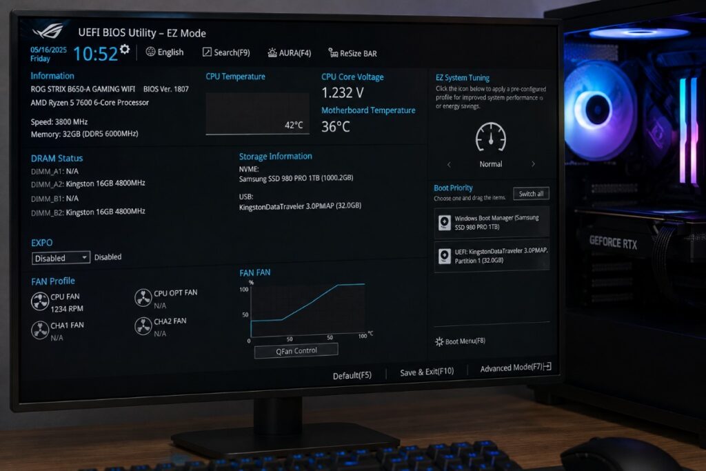 Desktop PC displaying its UEFI BIOS settings during stability troubleshooting