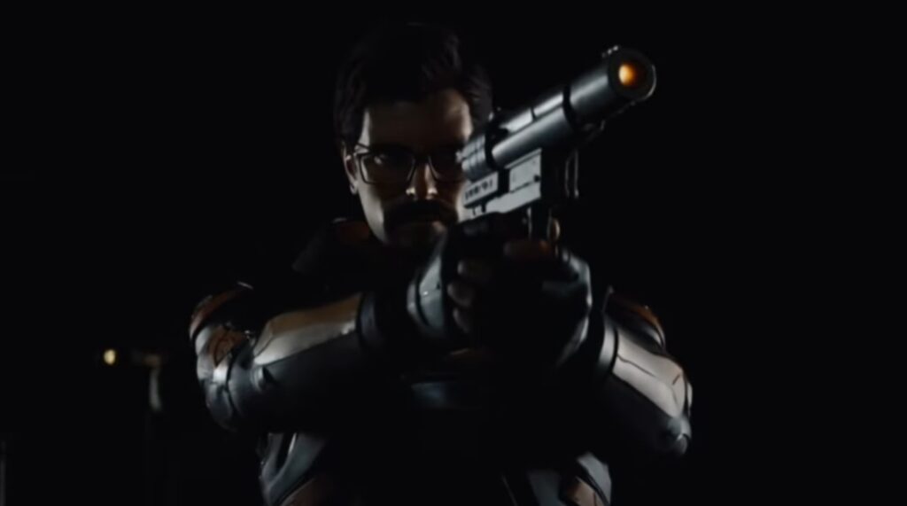Gordon Freeman aiming his pistol in a Half-Life 3 action scene concept