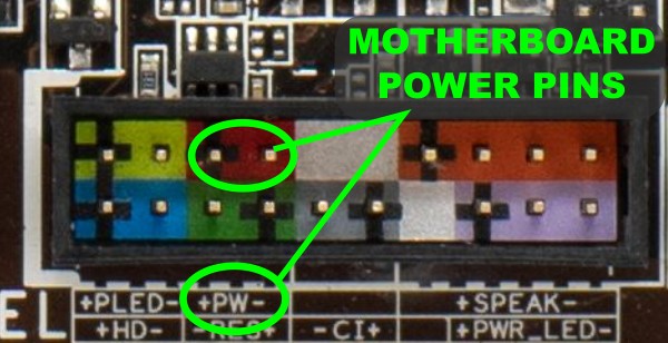 Motherboard front-panel power-switch pins used to start the PC