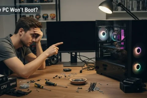 New PC won’t boot with motherboard debug lights glowing and side panel open.
