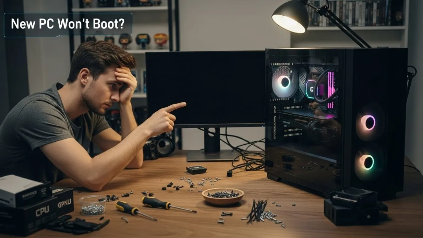 New PC won’t boot with motherboard debug lights glowing and side panel open.