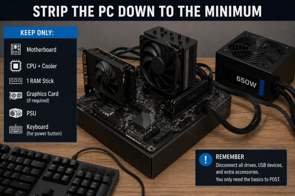 Minimum hardware setup for testing a new PC that will not POST