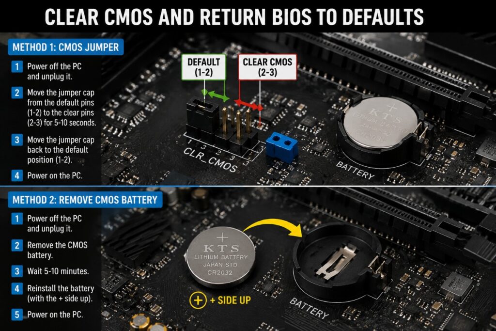 Motherboard CMOS reset methods using the clear CMOS jumper or removing the CMOS battery