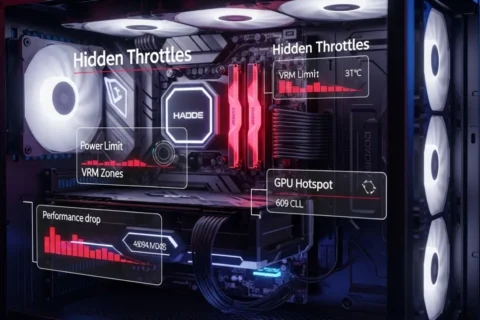 High-end gaming PC with holographic performance warnings illustrating The Hidden Throttles Killing FPS like hotspot spikes and power limit throttling