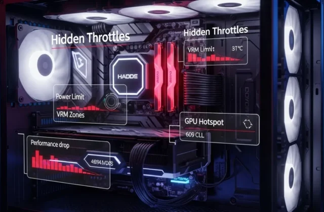 High-end gaming PC with holographic performance warnings illustrating The Hidden Throttles Killing FPS like hotspot spikes and power limit throttling