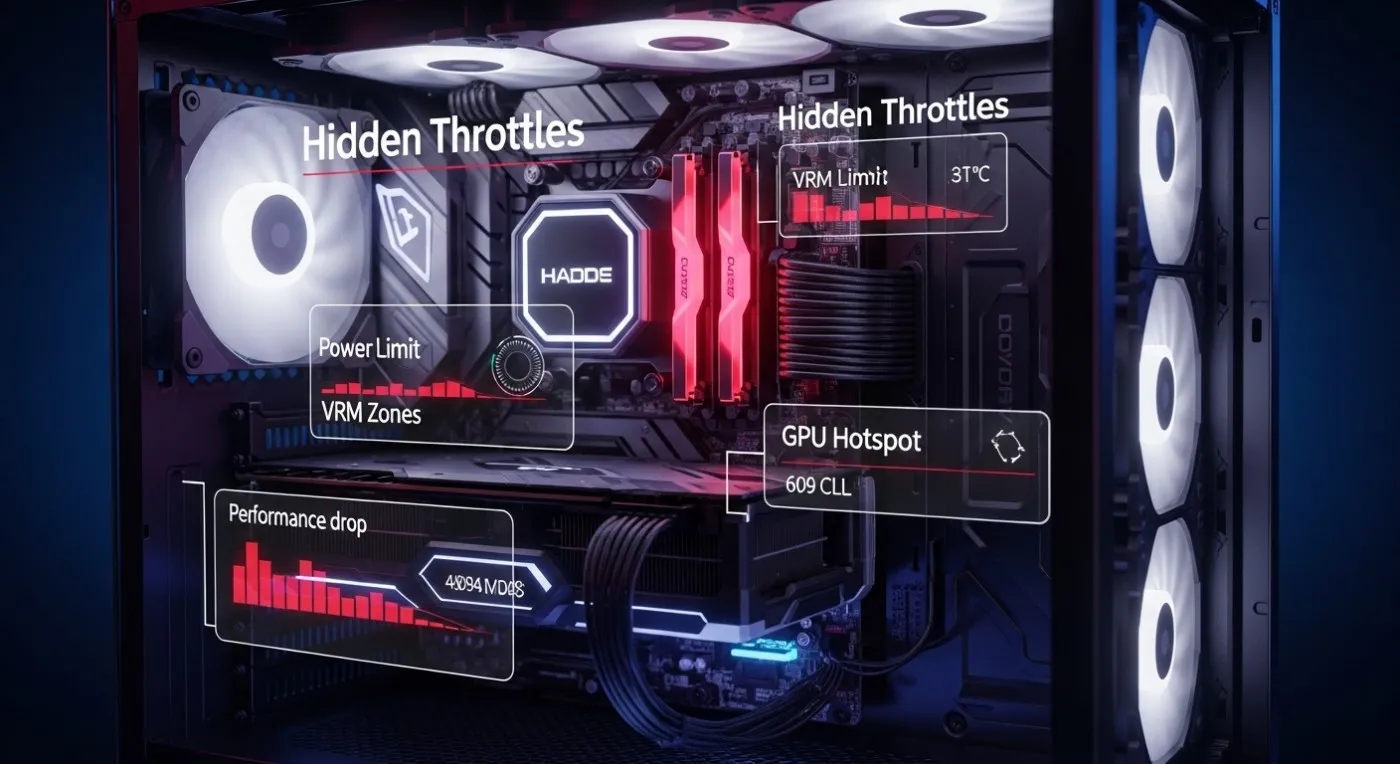 High-end gaming PC with holographic performance warnings illustrating The Hidden Throttles Killing FPS like hotspot spikes and power limit throttling