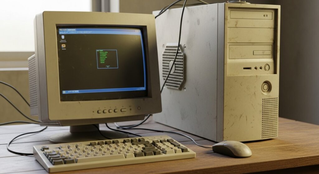 A realistic photo of an old beige PC with a CRT monitor on a worn desk, showing a true low-end gaming setup.
