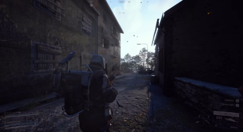 Dark alley on the topside in ARC Raiders: tense lighting, narrow corridor and lurking threat