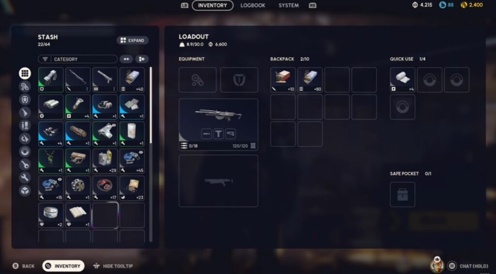 “Player inventory screen in ARC Raiders showing gear, weapons and loot ready for extraction”