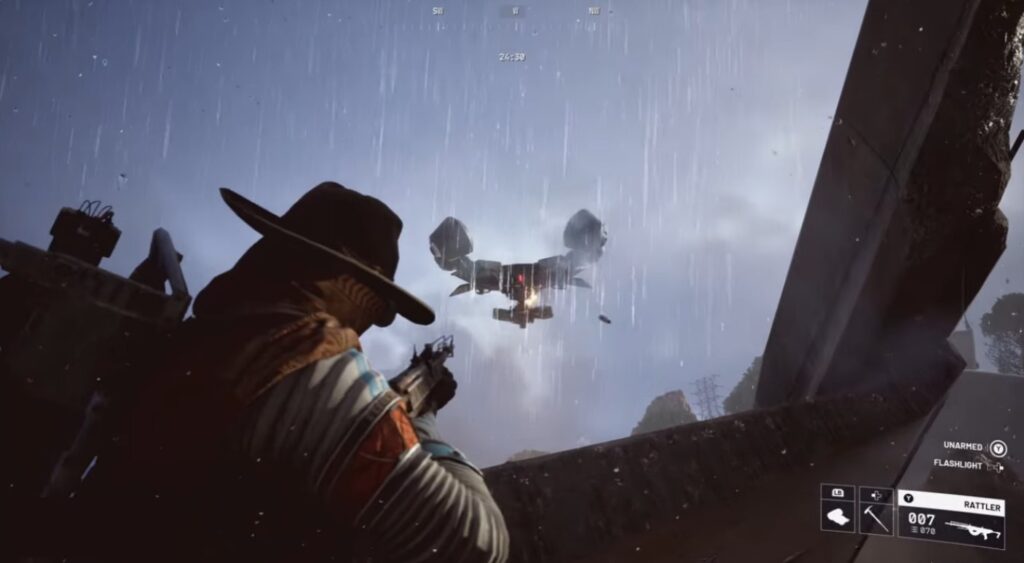 Why Arc Raiders is good: A shooter in ARC Raiders taking aim at a massive airborne enemy ship from a high vantage point