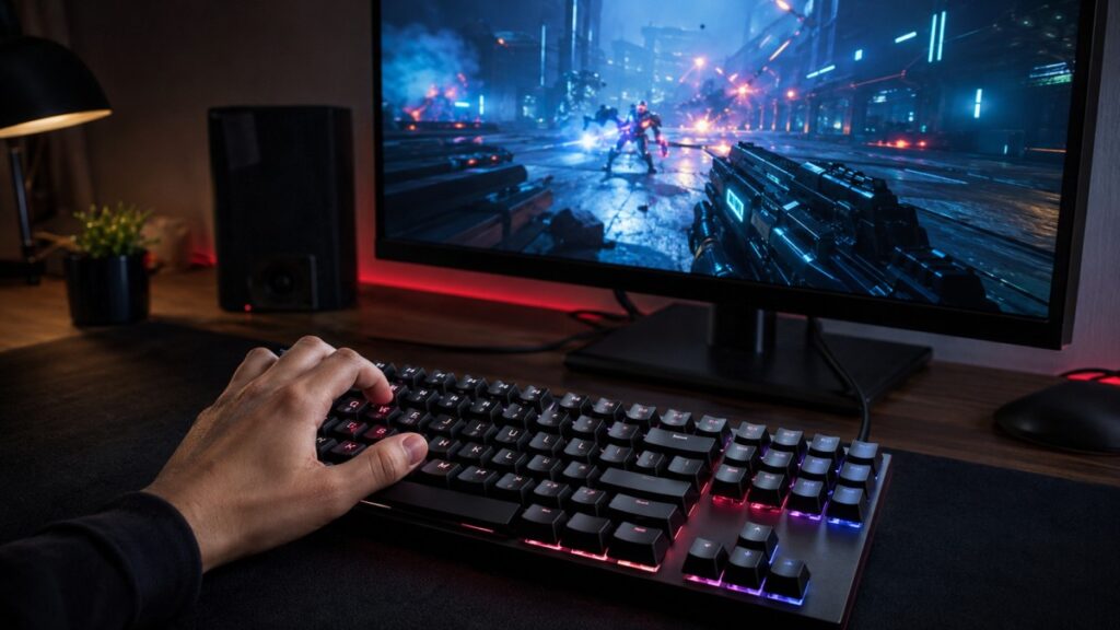 Gamer using a mechanical keyboard while playing a fast-paced action game