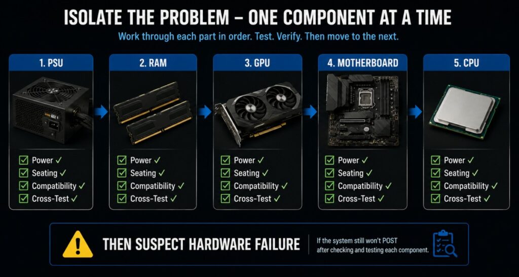 PC components checked one at a time to isolate a hardware failure