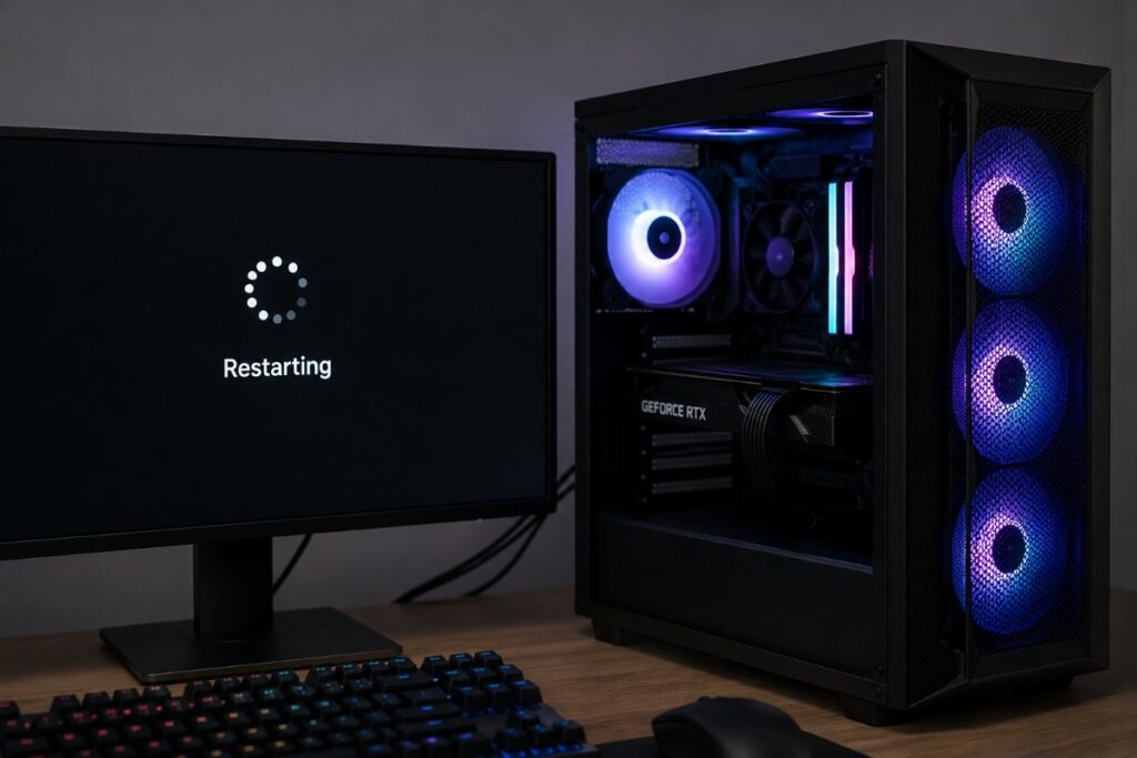 Gaming PC repeatedly restarting during first boot with a restart screen on the monitor