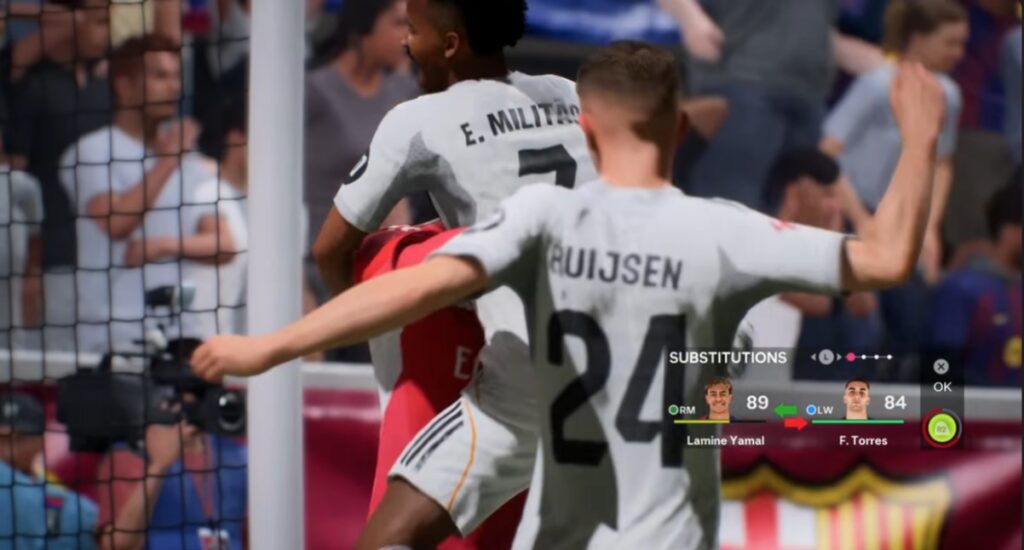 EA Sports FC 26 goalkeeper making a dramatic save during a close match