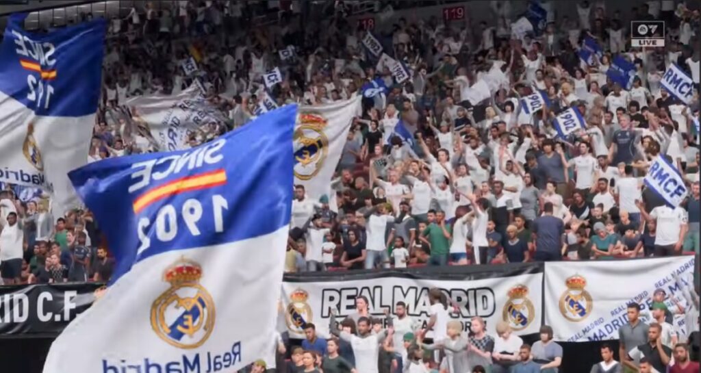 EA Sports FC 26 crowd cheering inside a packed football stadium