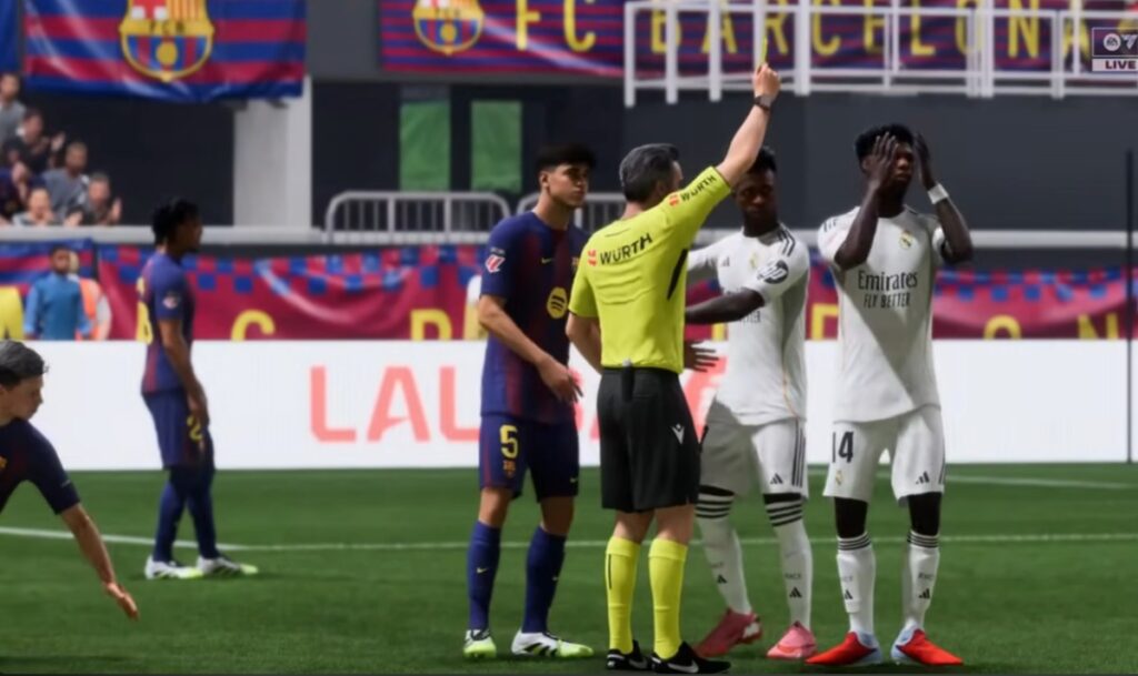 EA FC 26 Tips for Beginners referee showing a yellow card during a match