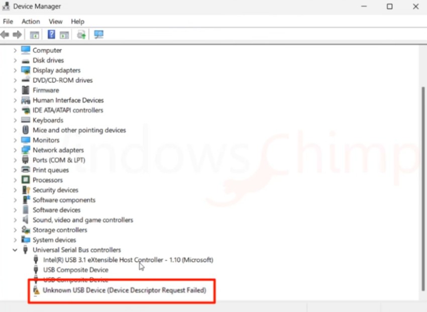 Device Manager showing a driver installation failure