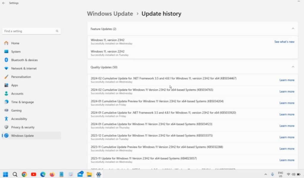 Windows Update history showing failed update installation