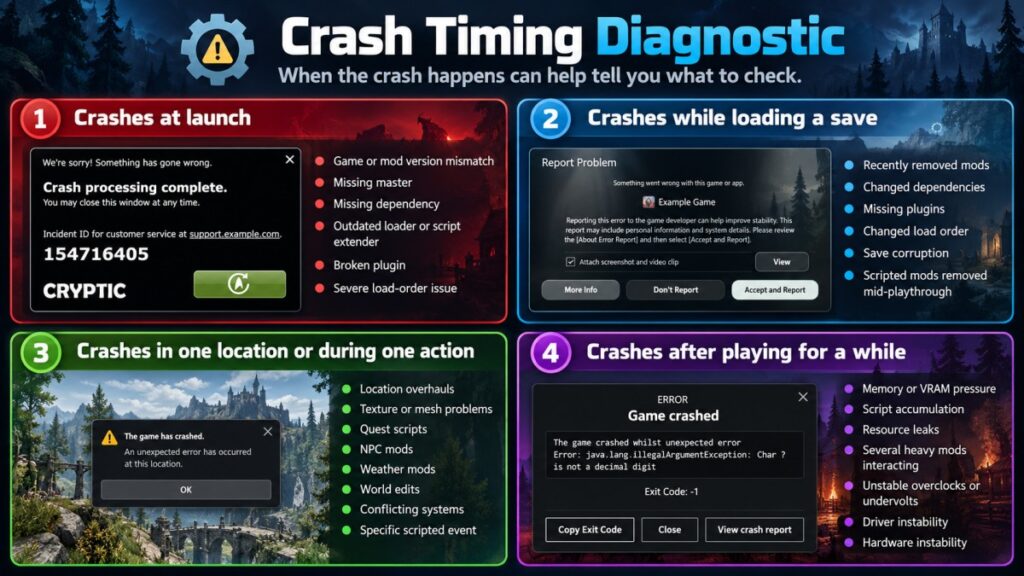 Crash timing diagnostic showing likely causes of launch, save-load, location-specific and long-session mod crashes